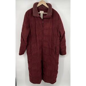 Vintage LL Bean Down Filled Quilted Burgundy Red Coat  Size XL Faux Fur Long